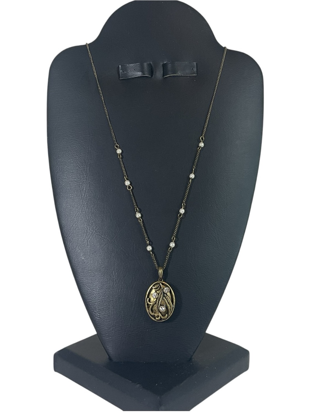 Brass-Tone Locket Necklace with Faux Pearls and Cubic Zirconia Accents – Vintage